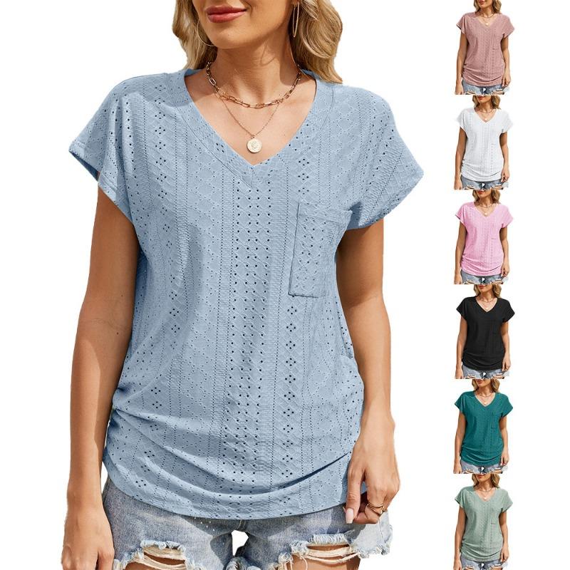 Women's Spring/summer Solid Color V-neck Pocket Short-sleeved T-shirt Top