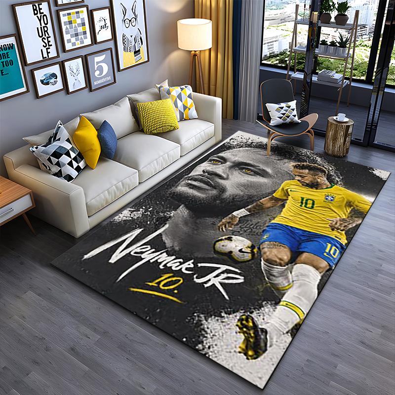 Sports Area Rug, Neymar Jr Brazil 10 Black White Portrait Yellow Poster, Fan Cave Decor, Non-Slip Mat