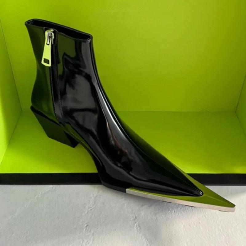Fashion Spring Autumn New British Style Thick High Heels Pointed Toe Metal Decoration Patent Leather Women Ankle Short Chelsea Boots