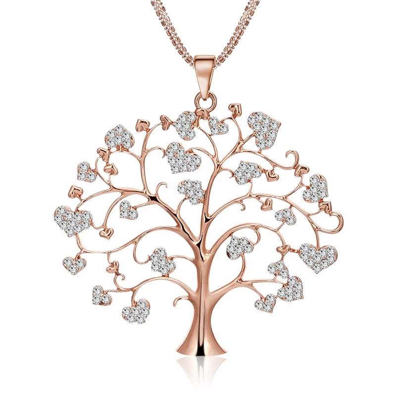 

Fashion Round Hollow Tree of Life Pendant Necklace For Women Luxury Gold Color White Crystal Necklace Women Wedding Jewelry 50cm