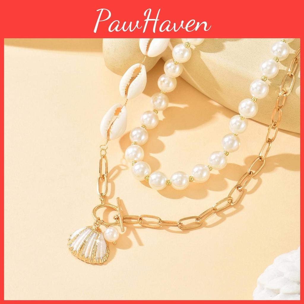 Geometric Shell Pendant Necklace Layered Chain With Alloy Charm For Casual Summer Wear