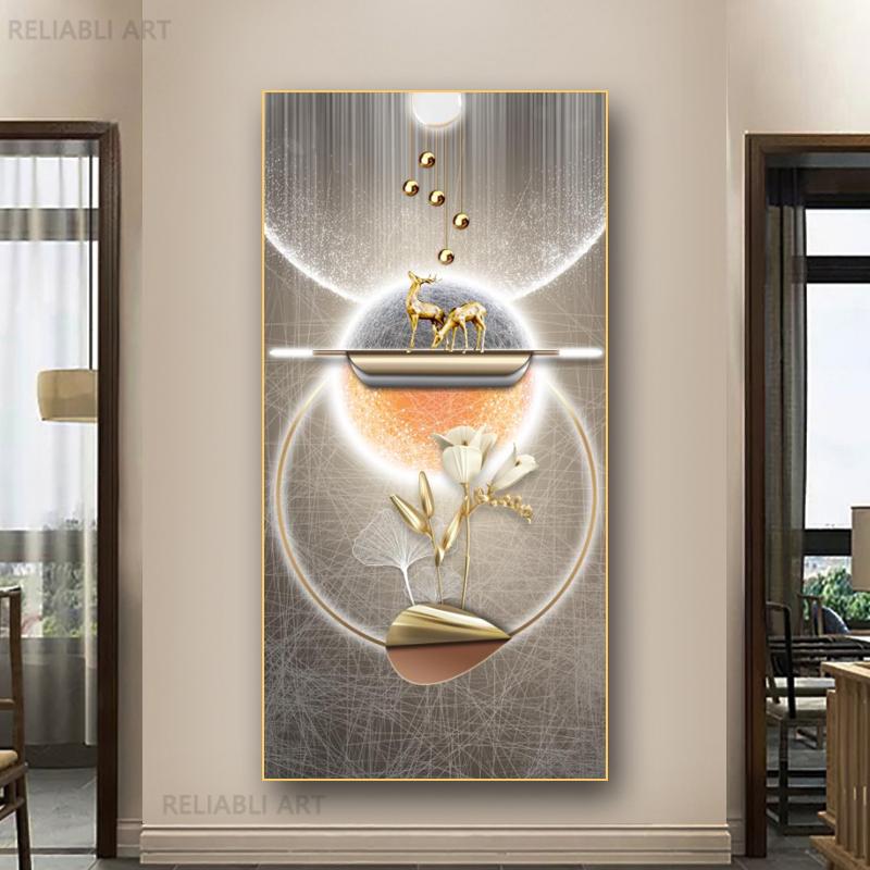 New Chinese Fengshui Golden Deer Canvas Painting Abstract Zen Stone Posters and Prints Modern Luxury Wall Art for Porch Decor