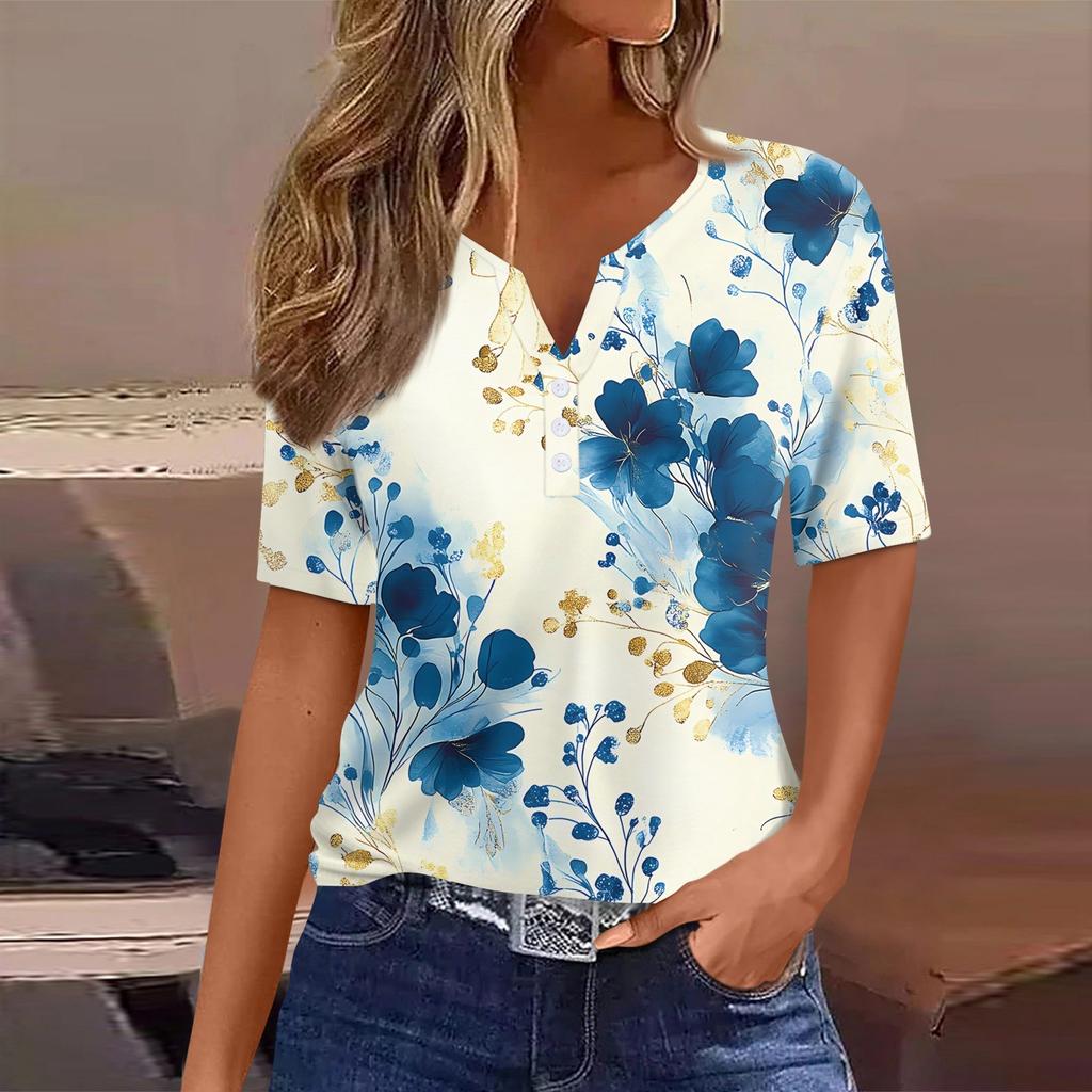 Women's T Shirt Print Button Short Sleeve Daily Weekend Fashion Basic V- Neck Regular Top