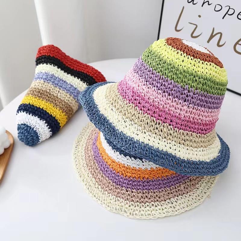 Cappello di Paglia Estivo Coreano con Arcobaleno Fatto a Mano a Falda Larga Protezione Solare per Vacanza al Mare