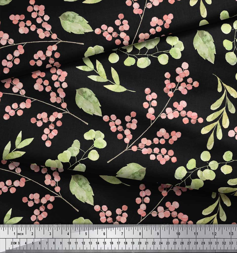 Soimoi Black Japan Crepe Satin Fabric Red Berries & Leaves Printed Craft Fabric by the Metre 42 Inch