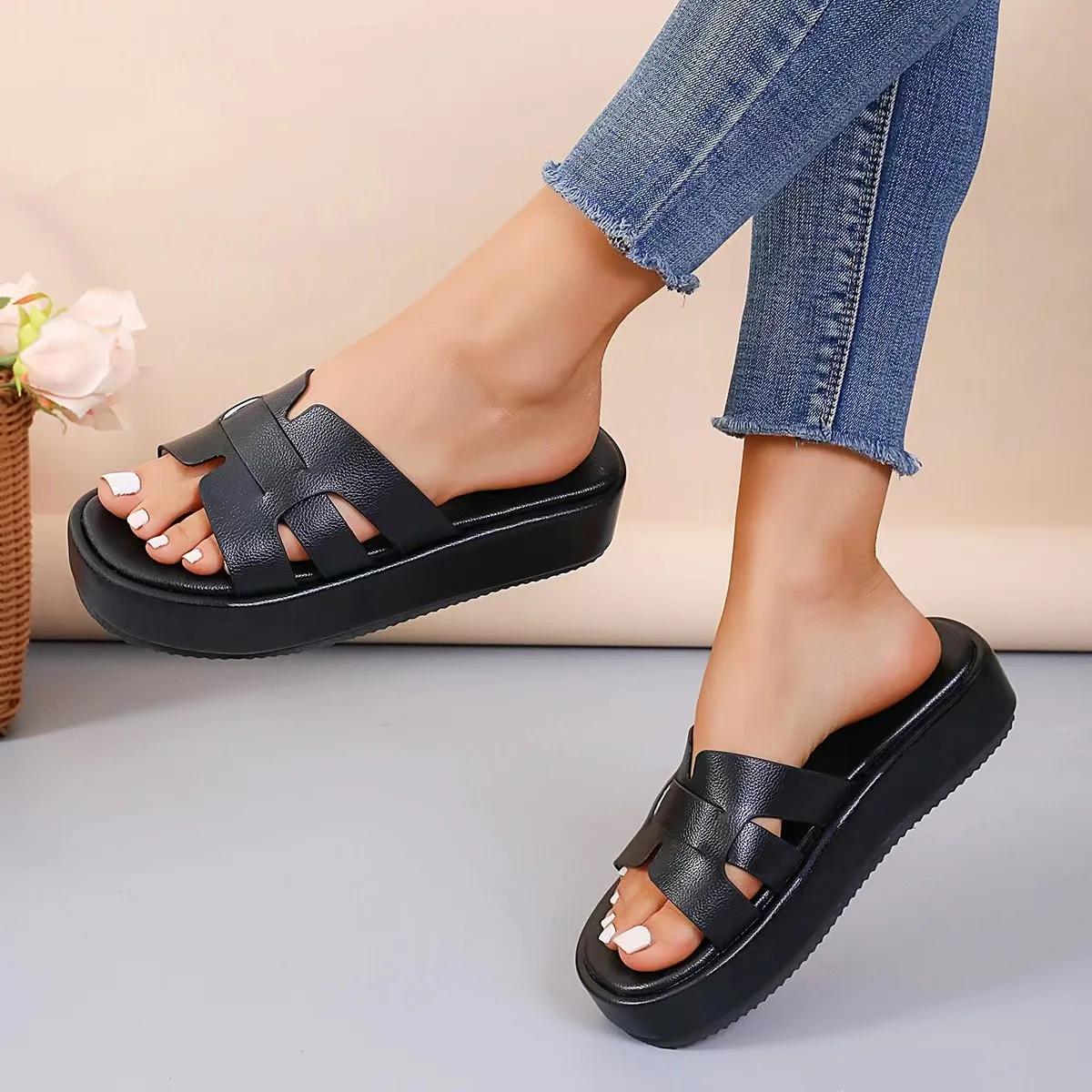 

Fashion Womens Summer Platform Slippers Round Toe Casual Basic Leather Outdoor Beach Rubber Luxury High Quality Flip Flops High Heels 36