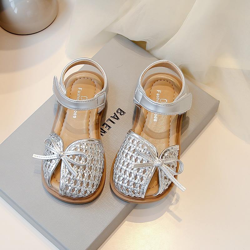 Girls Beach Shoes Weave Breathable Kids Princess Shoes with Simple Bows 2025 Summer New Children Sandals Soild Color Non-slip