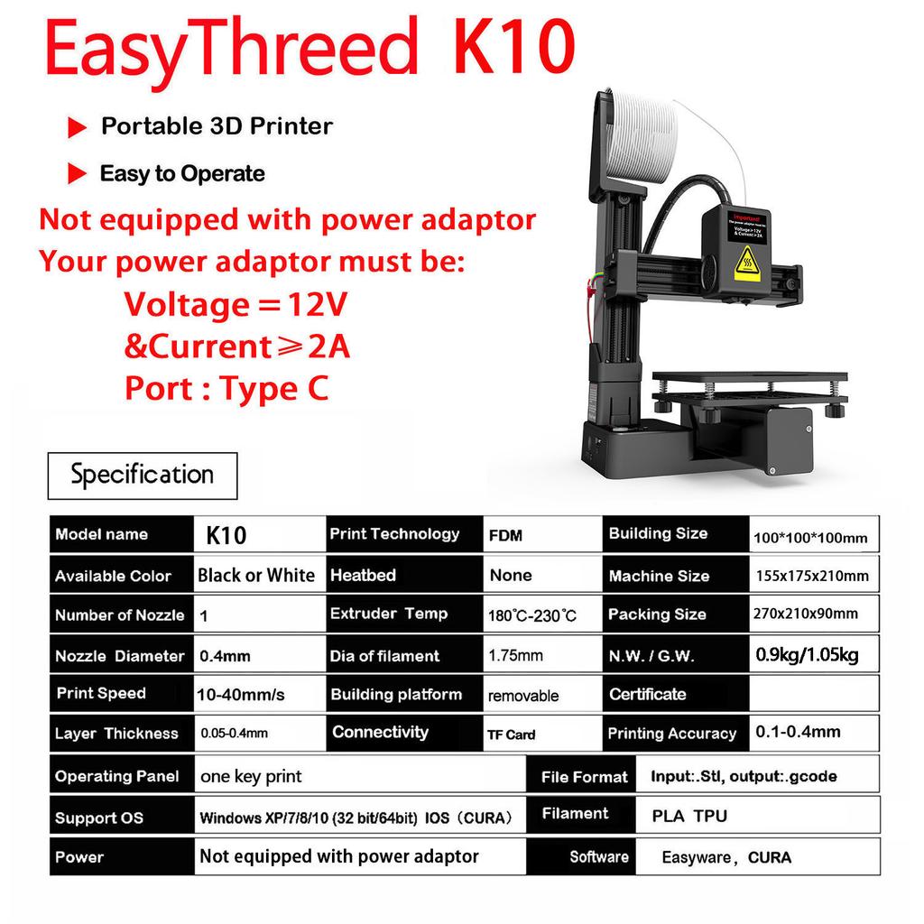 EasyThreed 3D Printer Entry Level Compatible with PLA TPU 1.75mm Filament Include Power Adaptor.