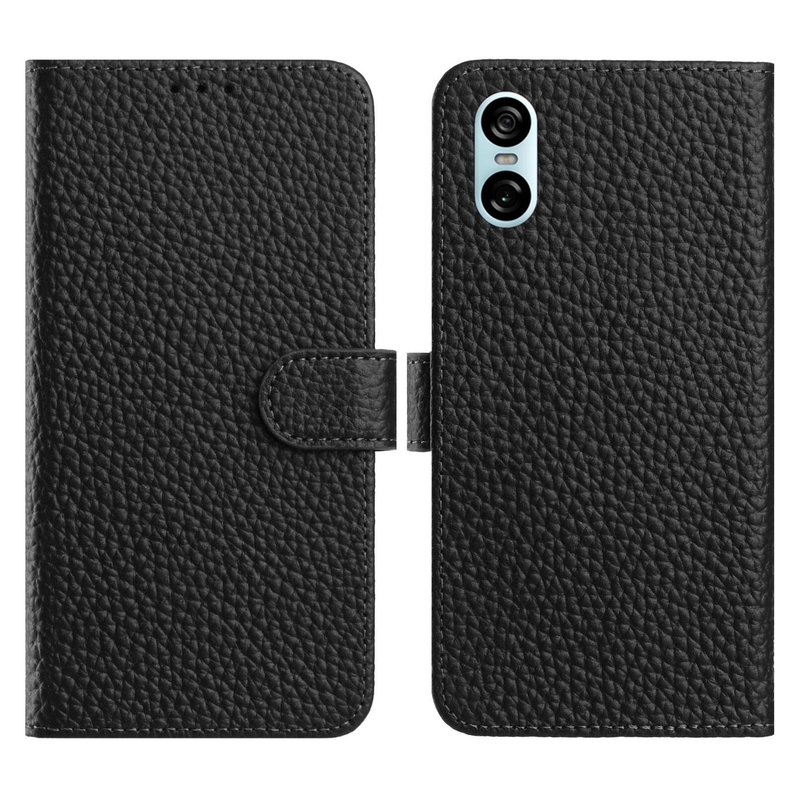 

For Sony Xperia 10 VI Case Wallet Stand Litchi Texture Genuine Cow Leather Flip Phone Cover Black