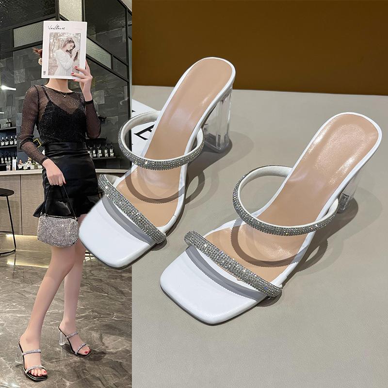 Fashion Square Toe Glitter Slides Shoes Slippers Heels Big Size Jelly High Block Transparent Pumps Scandals Crystal Glitter Slides High-