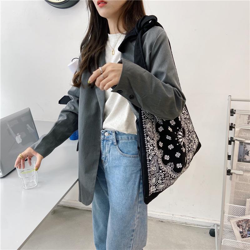 Retro Women Handbag Canvas Shoulder Bag Big Size Handbag Tote Ladies Casual Flower Printing Shoulder Bag