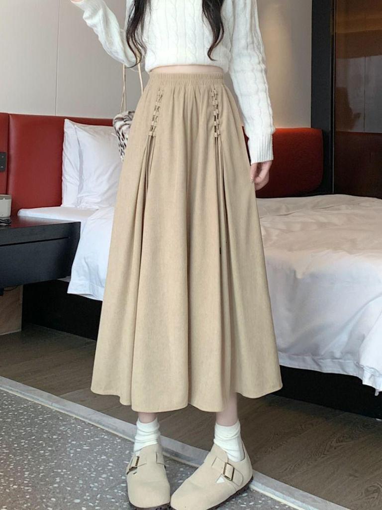 Women's High-Waist Corduroy A-Line Midi Skirt - Spring & Autumn 2025, Coffee Color