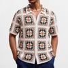 Chemises Décontractées en Tricot à Manches Courtes pour Homme Boutonnées Crochetées Creuses Haut d'Été Vacances Vintage Tricoté Golf Plage Chemises à Col Hauts pour Homme
