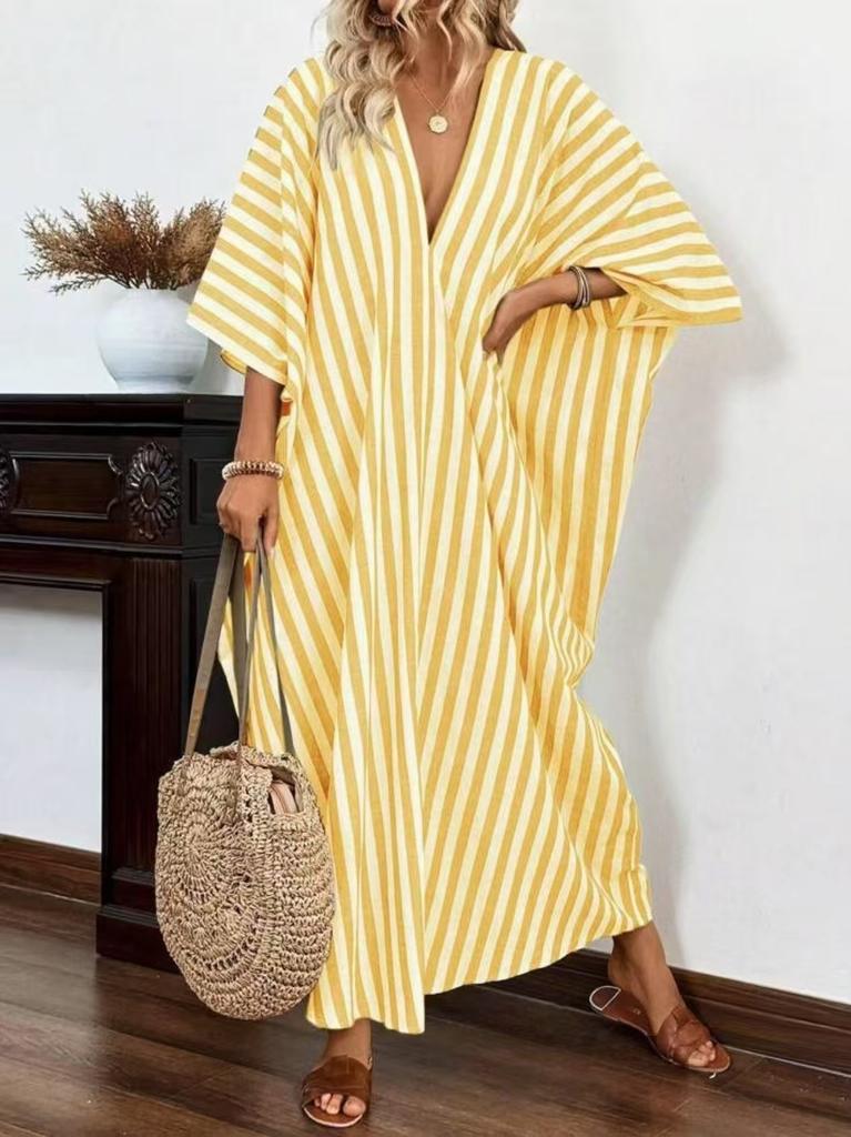 Women's Deep V Neck Short Sleeve Maxi Dress Loose Fit Striped Casual Vacation Long Dress