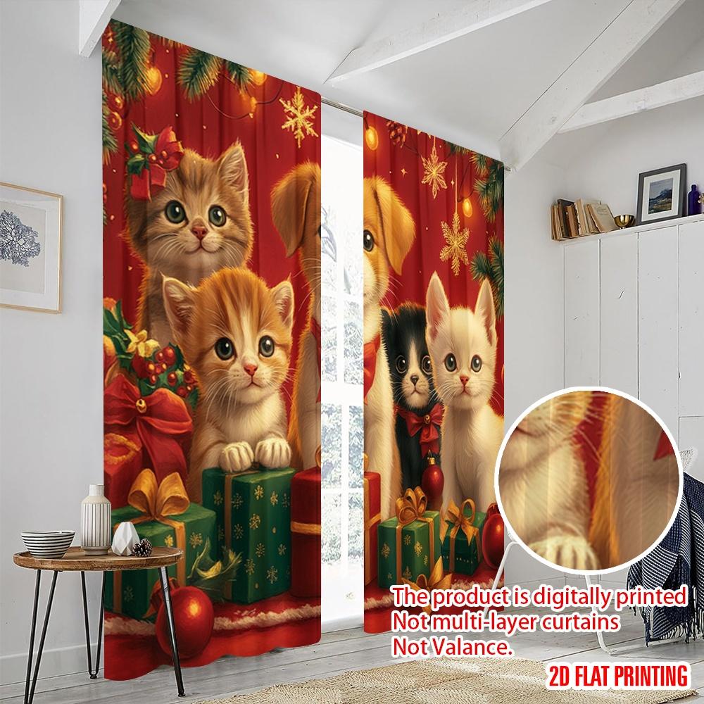 2pcs,2D plane printing Contemporary Curtains Cute Puppies Kittens Christmas Holiday (3) Versatile Polyester Fabric (without rod)