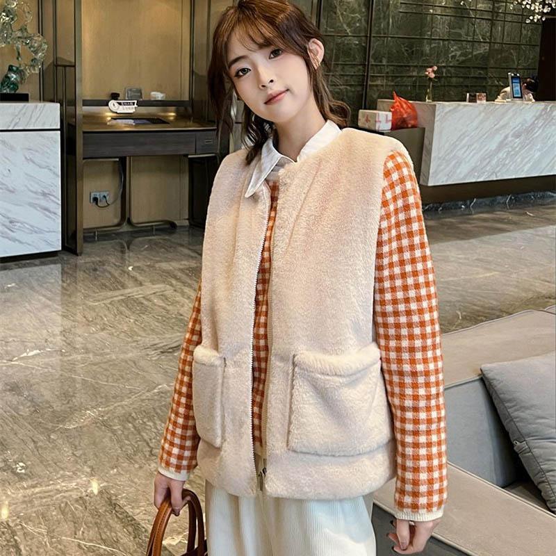 Fur Vest Female Winter Zipper Leisure Cotton Sleeveless Solid Color Top Coat Vest