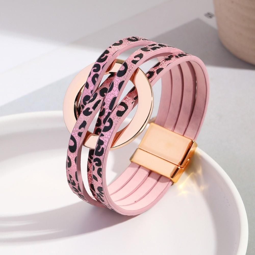 Wide Wrap Leopard Print Leather Bracelets Magnetic Snap Circle Cross Bracelet  for Women