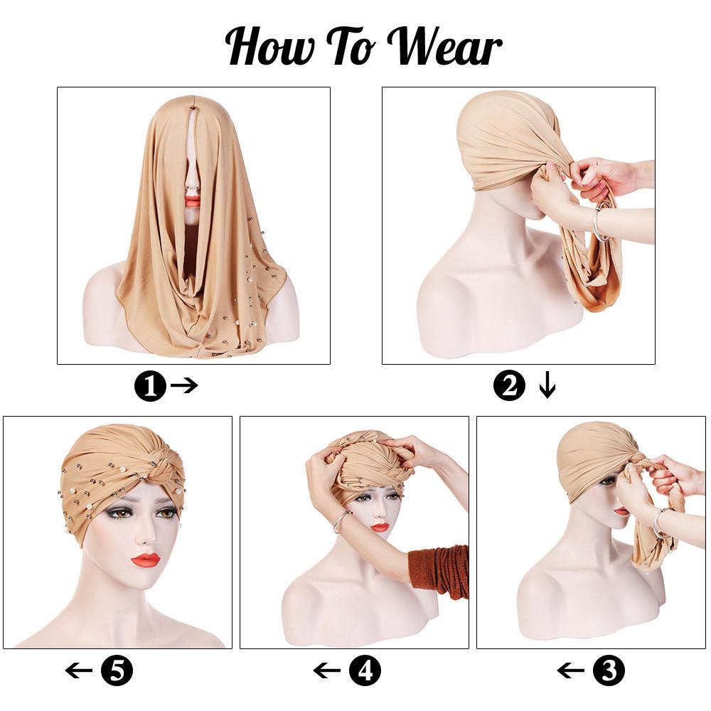 Women Pearl Beading India Hat Muslim Ruffle Chemo Turban Wrap Cap