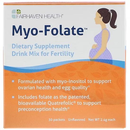 

Fairhaven Health Myo-Folate, питна добавка для зачаття, без смаку, 30 пакетів по 2,4 г кожен.