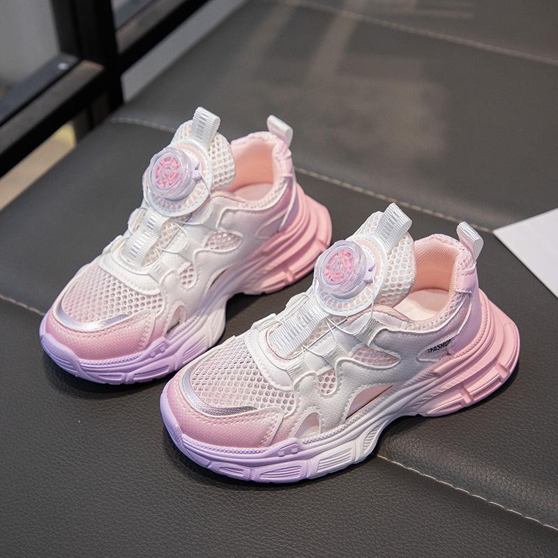 

Girls shoes summer 2025 new children s leather sneakers girls rotating button explosion hollow dad shoes 26