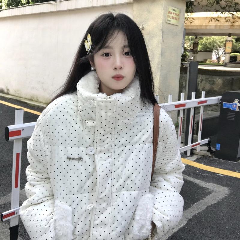 Polka dot sweet short fluffy lapel cotton-padded jacket female students winter new thickened warm cotton clothes