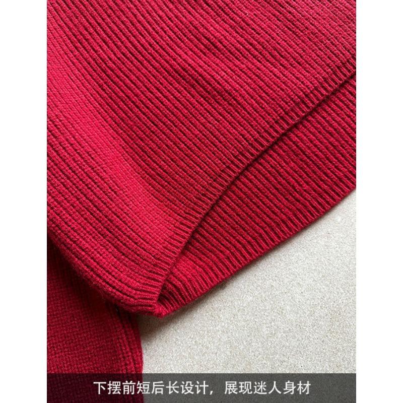 Half High Collar Zipper Red Knitted Sweater for Women Spring and Autumn High Waisted Sweater