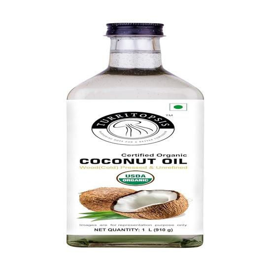 TURRITOPSIS Jadalny Czysty Olej Kokosowy do Gotowania Tłoczony na Zimno USDA Organic Tłoczony na Drewnie Nierafinowany Naturalny 1 Litr Opakowanie 1 szt.