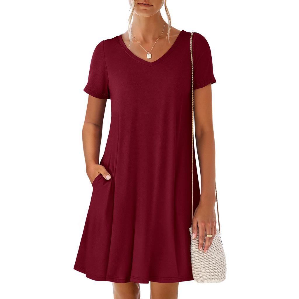 Damen V-Ausschnitt Kleid mit Bindetasche und kurzen Ärmeln