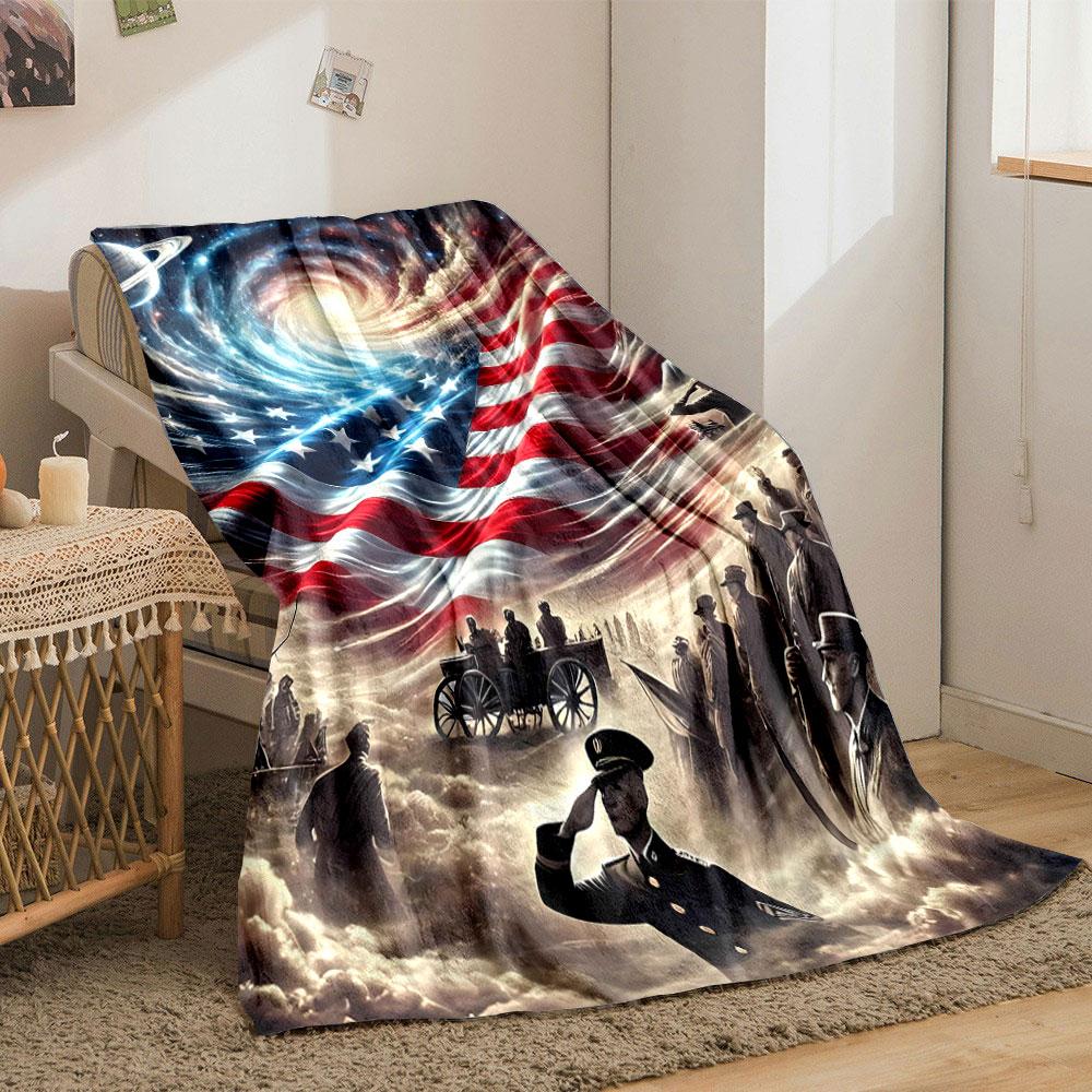 Swirling galaxy blends with an American flag above military figures. for all seasons blanket lunch break throw gift