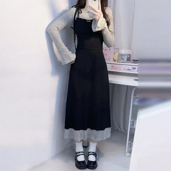 

[Original] French temperament new fake two-piece horn sleeve dress autumn splicing contrasting color hip wrap medium length S