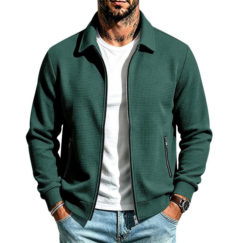 Men S Casual Waffle Knit Zip Pocket Lapel Jacket