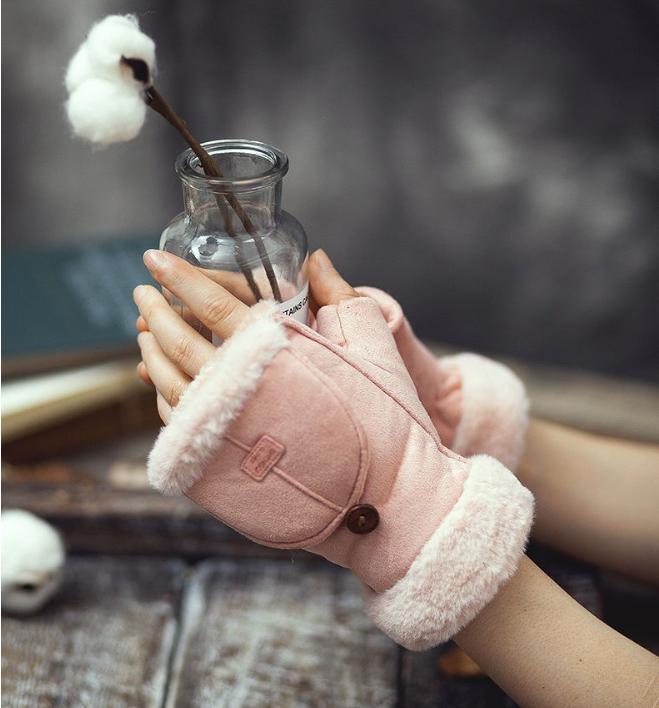 Winter Cycling Gloves Suede Warm Gloves Flip Cover Half Finger