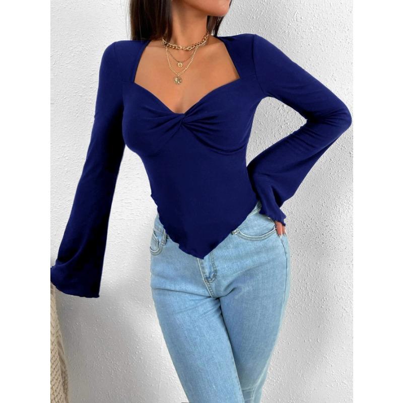 DAFIFY Chemisiers et chemises décontractés pour femmes, mode printemps-automne, couleur unie, imprimé, manches longues, col en v