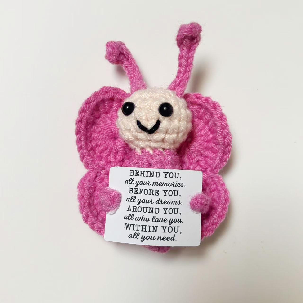

Funny Crochet Positive Emotional Support Butterfly Doll Home Room Decoration Handmade Knitted Butterfly Desktop Ornament Gift