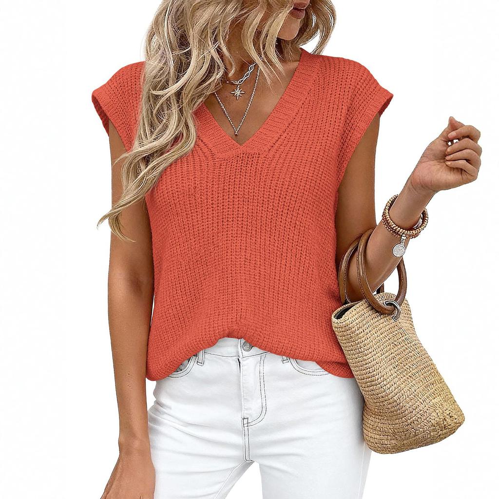 Women's Summer Fashionable Color V Neck Sleeveless Casual Thick Needle Sweater Vest Top