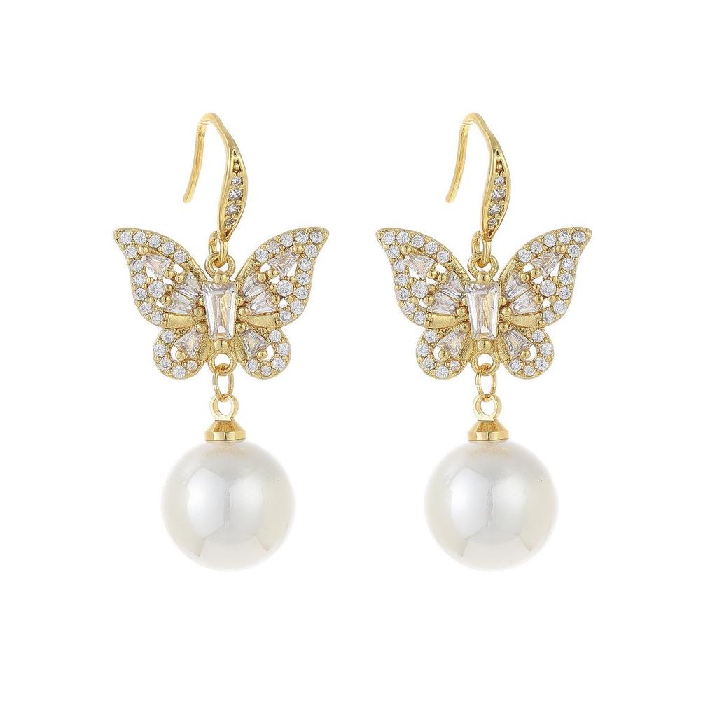 Elegant Butterfly Pearl Dangle Earrings with Ear Hooks - Gentle and Luxurious Design