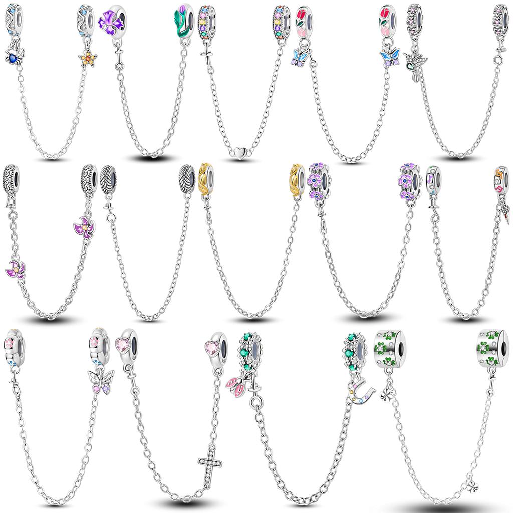 925 Silver Butterfly Safety Chain with Zirconium Charms Beads for DIY Bracelet Jewelry Gift