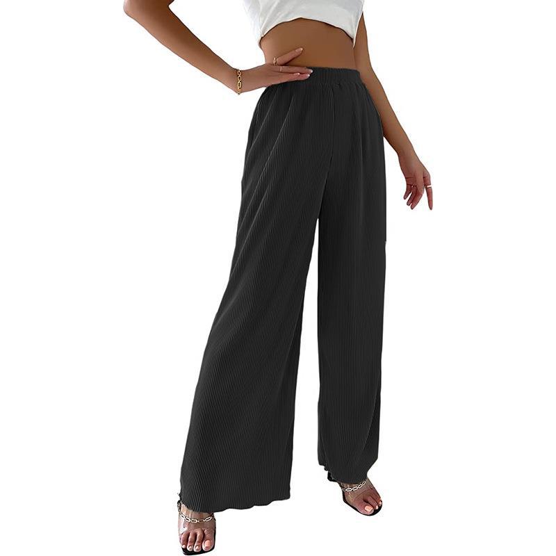 Neue Damen Casual Locker Sitzende Einfarbige Weite Hosen, Plissierte Fließende Hosen mit Drapierter Stoff für Frühling Sommer