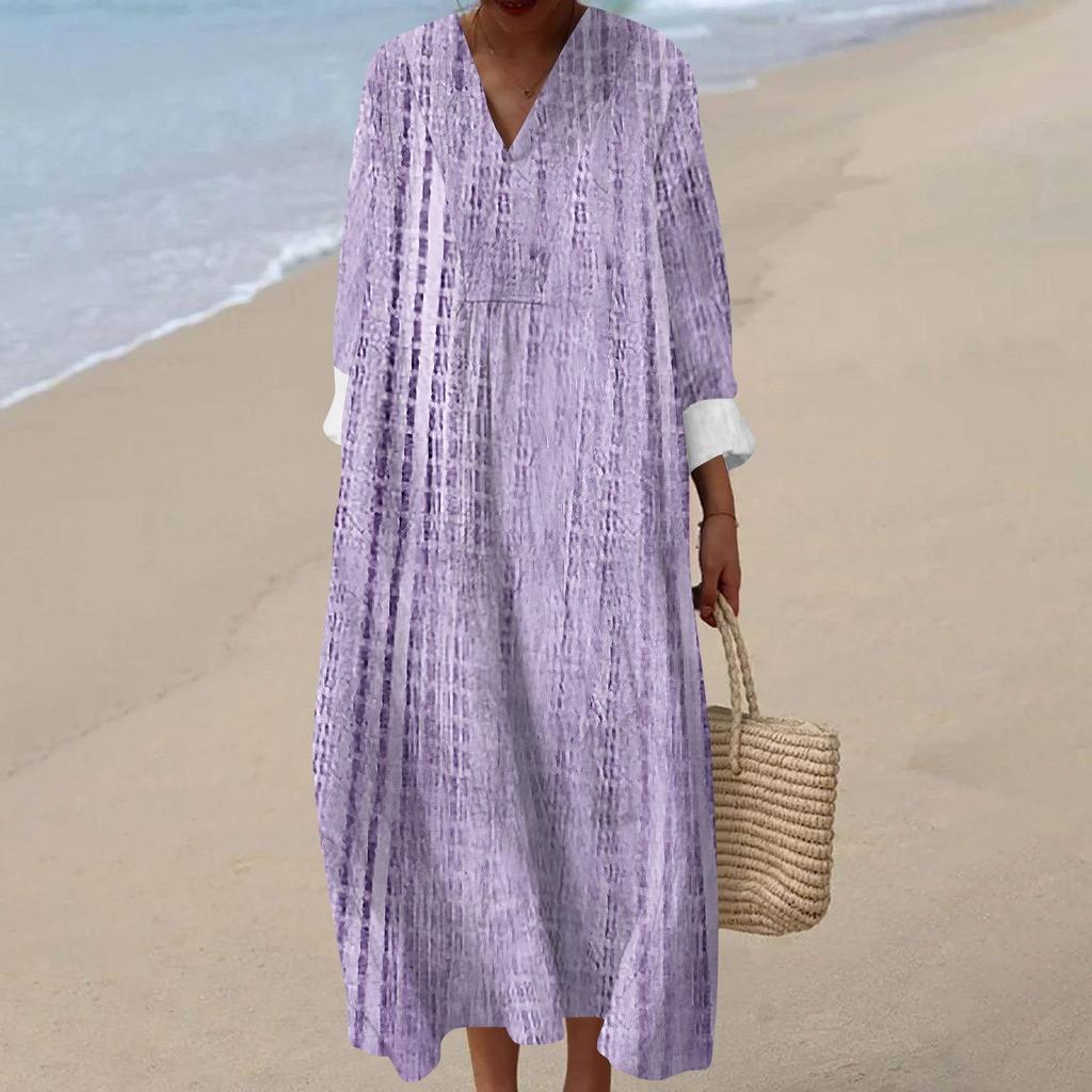 Women's Casual Fashion V-Neck Long Sleeve Floral Print Maxi Dress