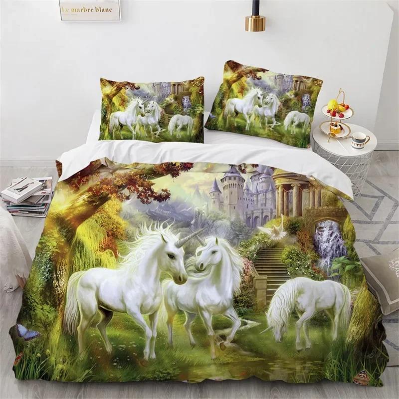 Cartoon Unicorn Duvet Cover Floral Bedding Set Microfiber Flying Horse Comforter Cover Full Queen For Boys Girls Bedroom Decor