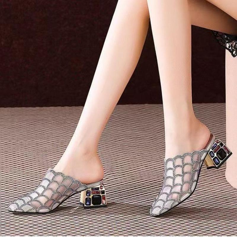 Fashion Mesh Breathable Pointed Toe Slides Medium Heel Rhinestone 39 Vip Women's Slippers and Ladies Sandals On Promotion Original Shoes