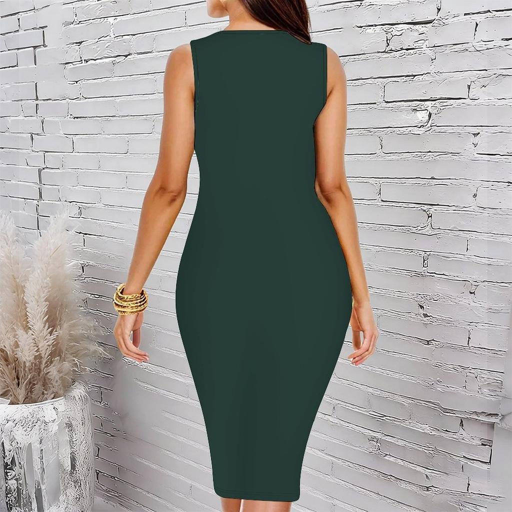 Women Plus Size Crew Neck Sleeveless Midi Dress Bright Ethnic Circular Floral All Over Print Bodycon Dress