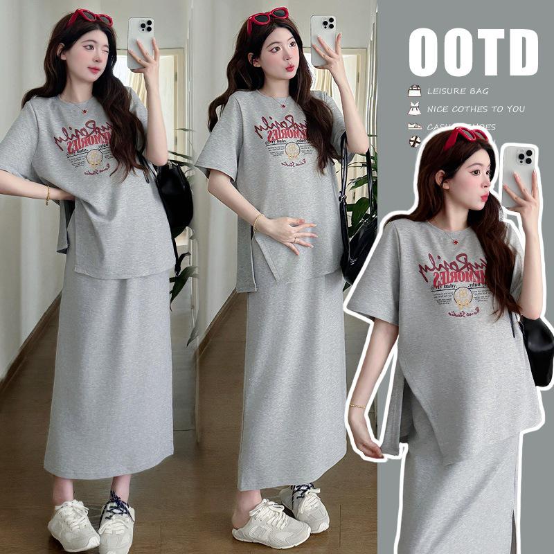 2026 Korean Style Printed T-shirt & Belly Support Skirt Maternity Set XL