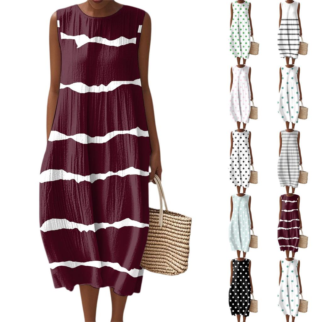Women's Fashion Casual Sleeveless Round Neck Polka Dot Striped Elegant Temperament Dress