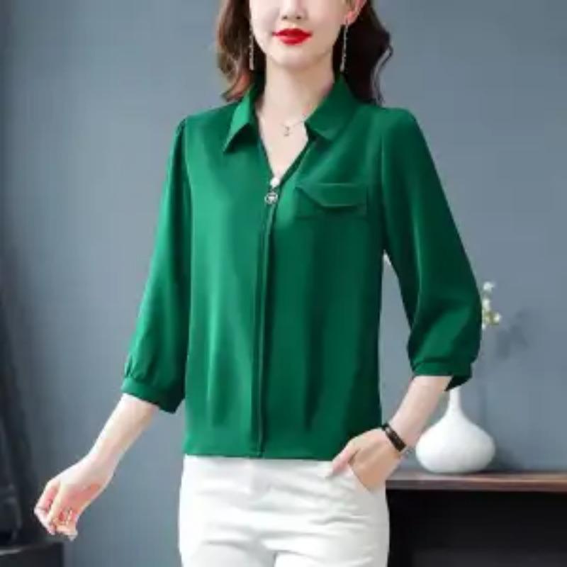 Damen Neuer Herbststil Gespleißter POLO-Kragen Modisches Einfarbiges Lockeres Chiffon-Oberteil mit Dreiviertelärmeln