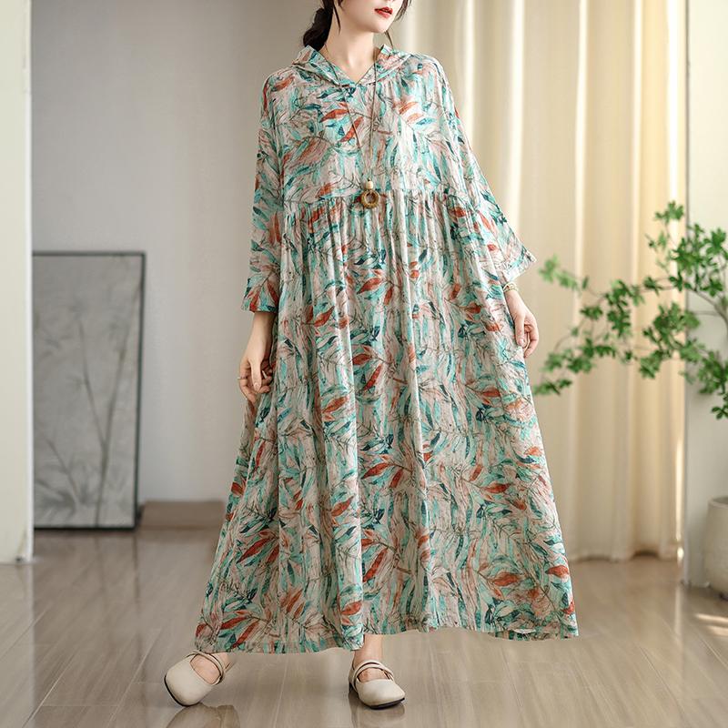 DIMANAF 2025 Damen Übergröße Langes Hutkleid Lockerer O-Ausschnitt Druck Lässig Floral Übergröße Langarm 8108