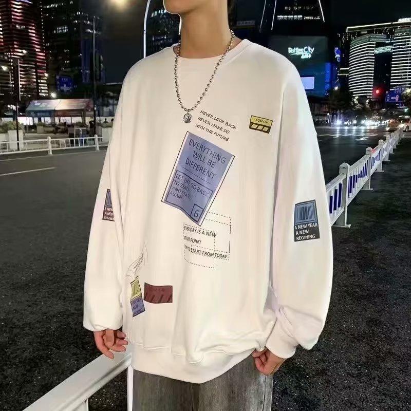 Trendy Brand Versatile Autumn American Loose Round Neck Sweatshirt Thin Men's Fashion Trendy Printed Tops Couple Wear