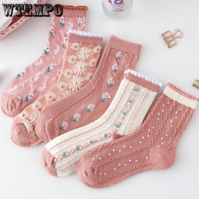 6 Paar Kniestrümpfe für Damen, mit Blumenprägung, Polyester- und Elastan-Mischgewebe, Strickstoff, handwaschbar – süße rosa modische Socken bis zur Mitte der Wade