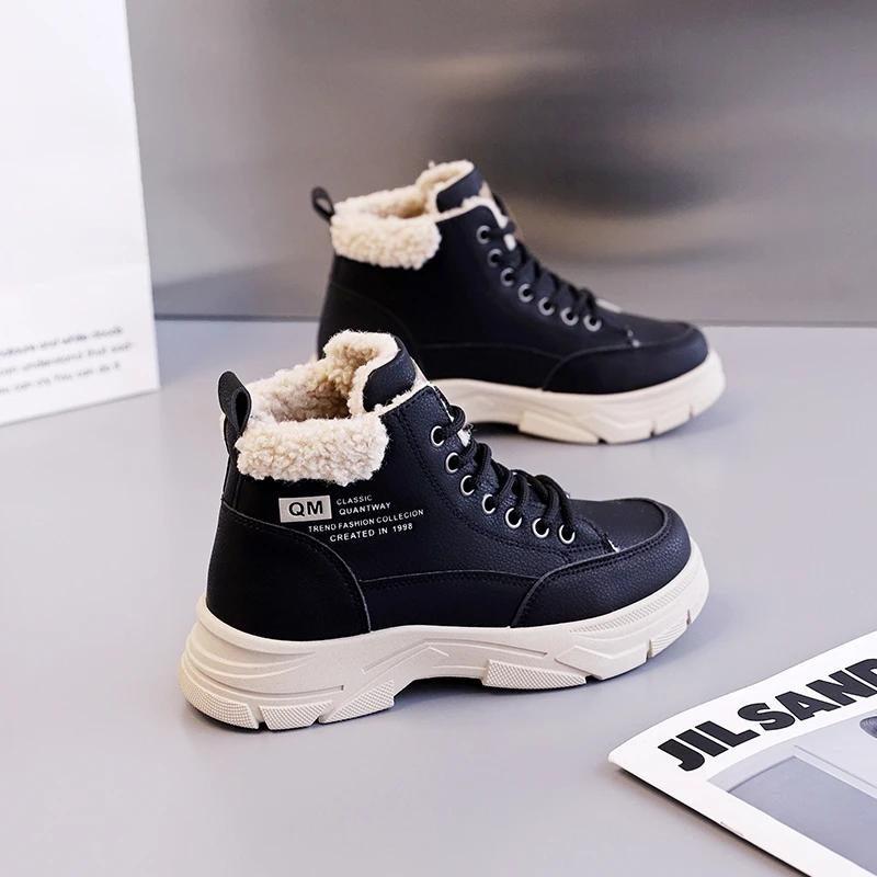 Fashion Women's Cotton Boots 2024 Winter New High Top Women Plush Warm Student Ankle Boots Thick Soled Lace Up Height Increasing Booties