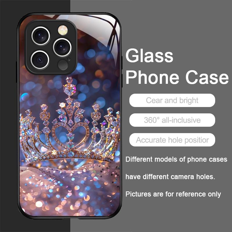 Luxus Kronen Schmuck Blumenmuster Gehärtetes Glas Handyhülle für IPhone 17 16 Pro Max 15 14 13 12 Mini 11 X XS 7 8 14Plus Hülle